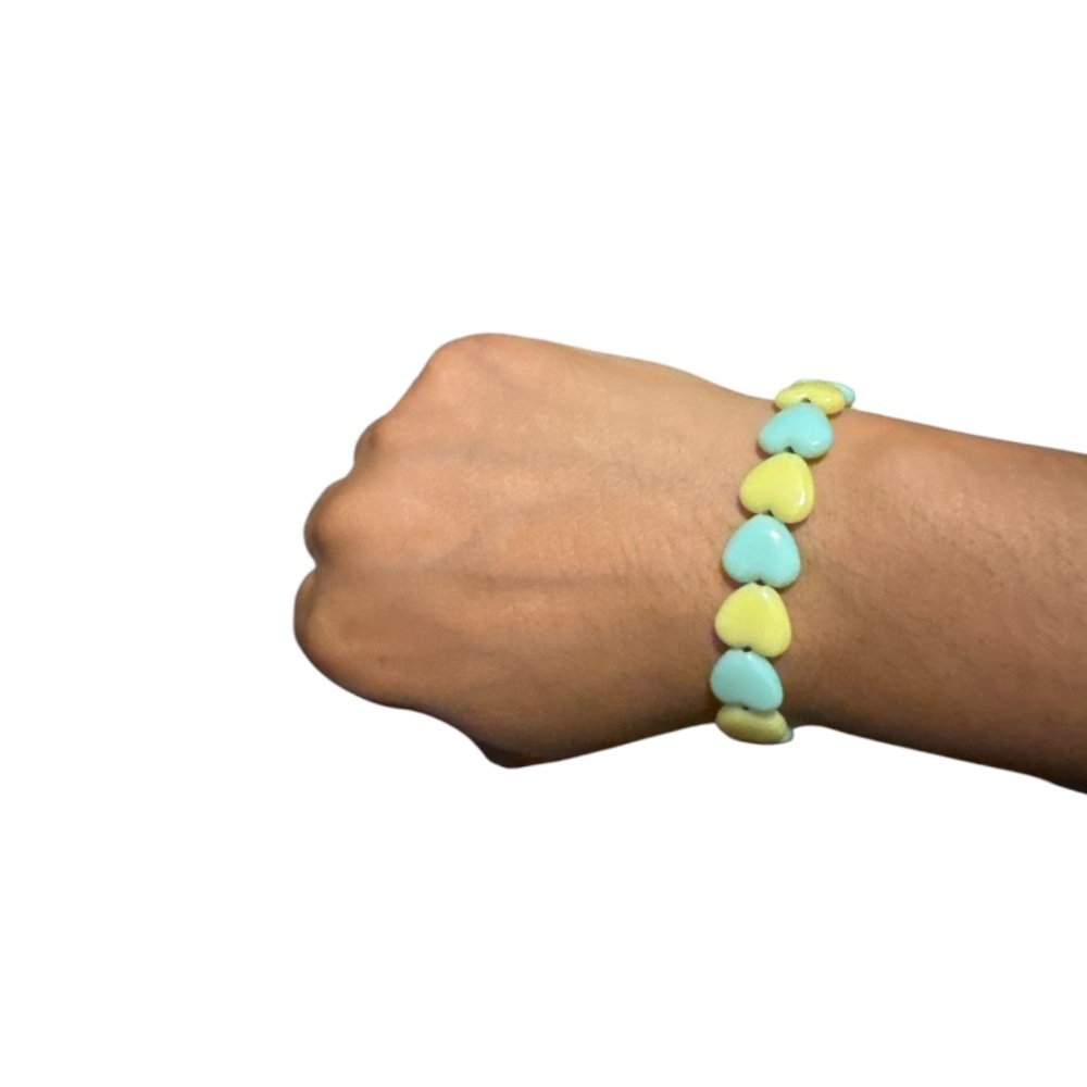 Handcrafted Colourful Mint Green & Neon Yellow Heart Stretch Bracelet